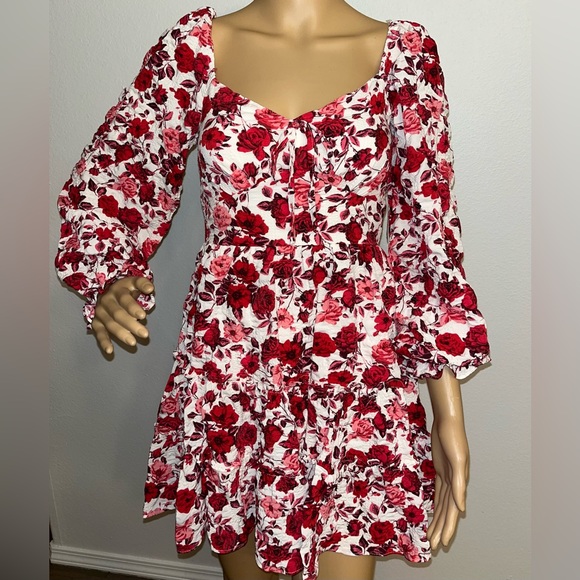 Midnight Doll Dresses & Skirts - Floral Red and Pink Long Sleeve Puff-Sleeve Mini Dress